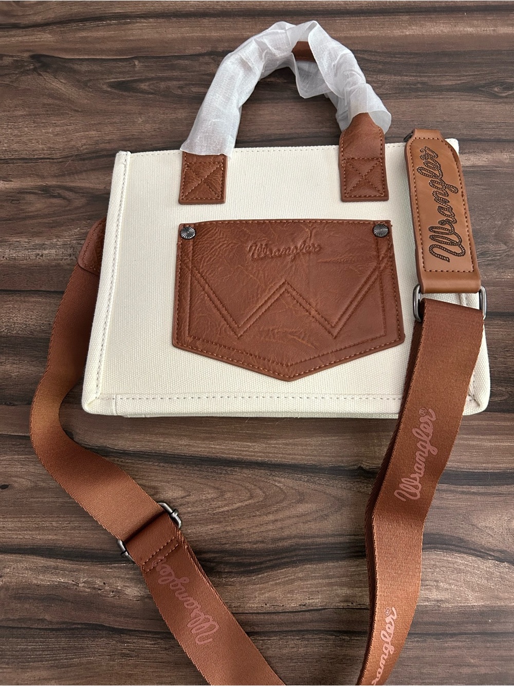 Montana West Wrangler Cream Canvas Tote with Brown Leather Accents - Picture 4 of 5